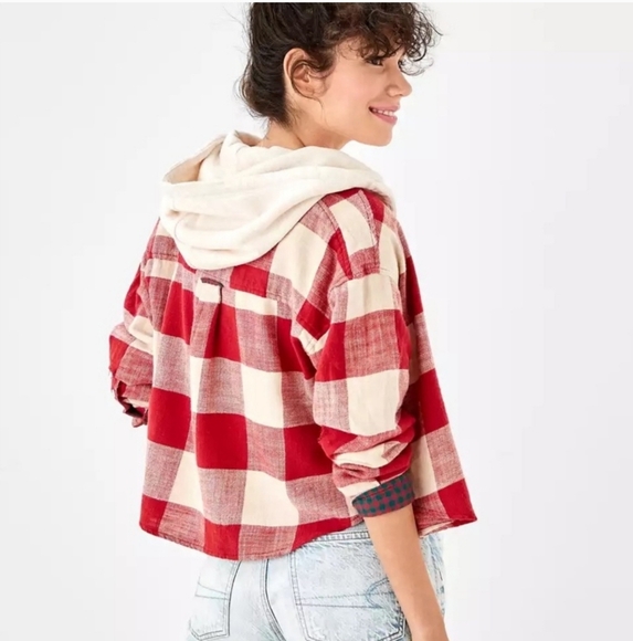 American Eagle Red & Cream Cotton Hooded Plaid Flannel Shirt Shacket Size Small - Picture 3 of 9